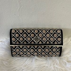 Tory Burch Black Quilted Suede Bria Embellished Flap Clutch